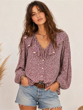 Romantic Cotton Ruffle Blouse 1X Cottagecore Prairie Ditsy Floral Aileen Too
